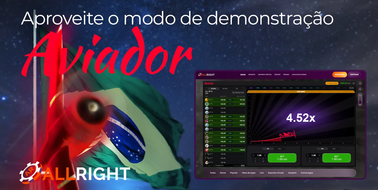 Características do modo de demonstração do jogo Aviator no site do cassino All Right