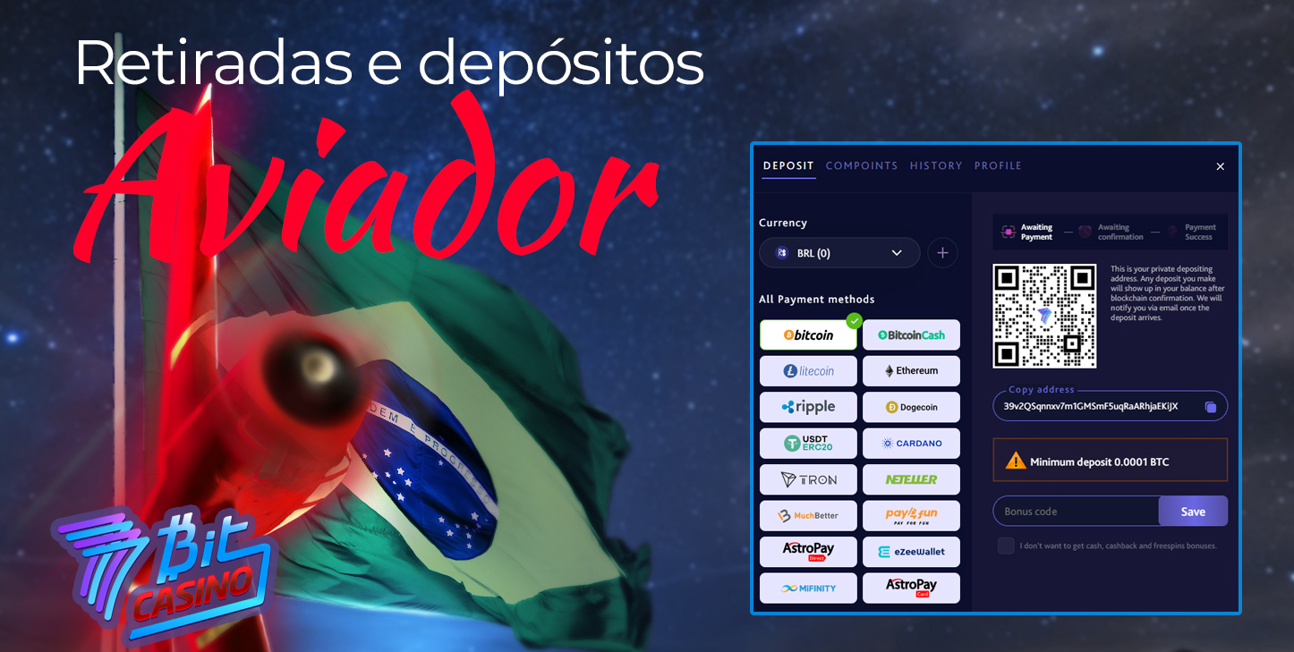Tabela com métodos de depósito e retirada disponíveis no 7Bit Casino para usuários brasileiros